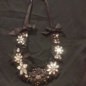 J. Crew Black Ribbon Necklace with Clear Crystal Florals